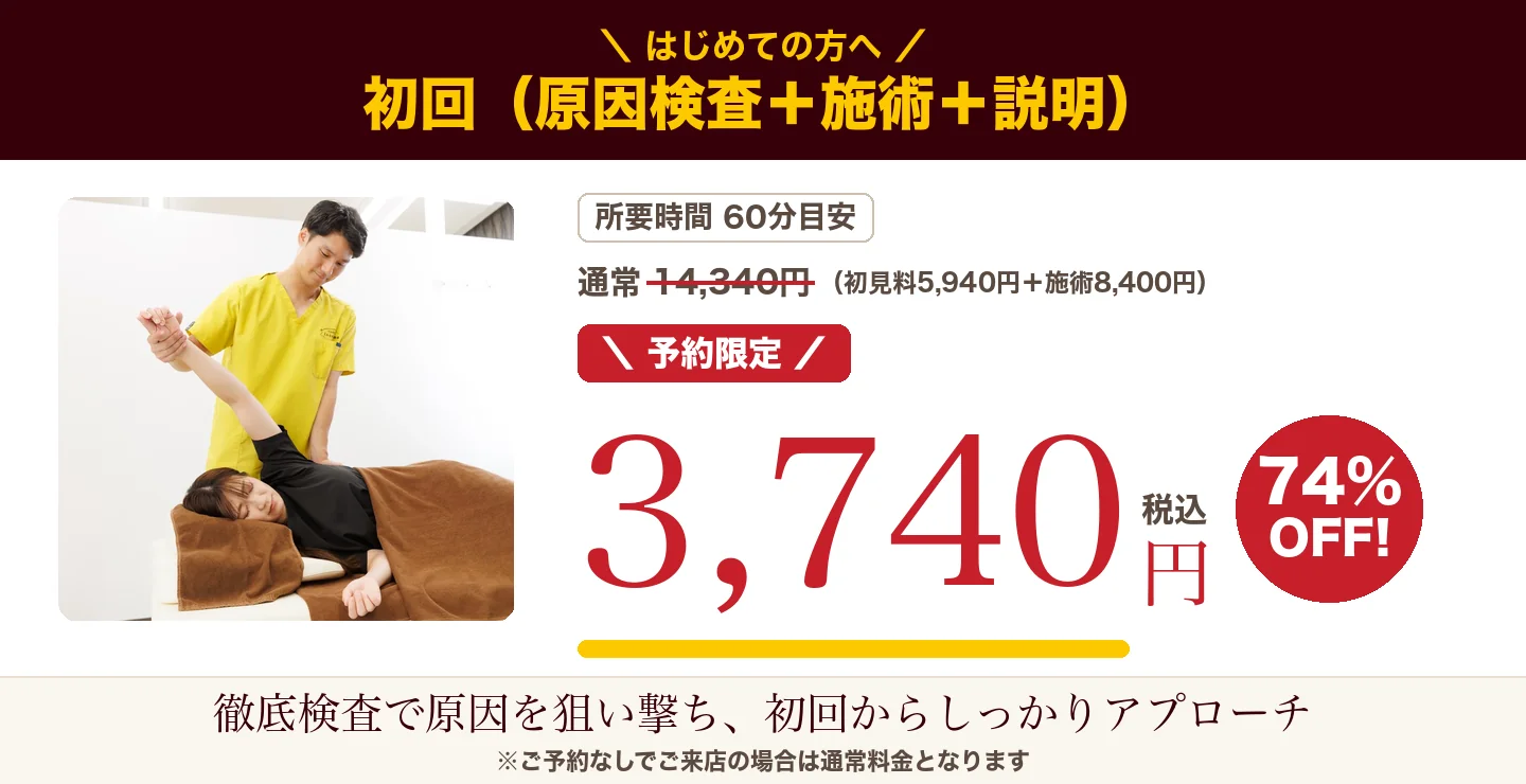 はじめての方へ 初回（原因検査＋施術＋説明） 通常14,340円が予約限定3,740円（税込） 所要時間60分目安 徹底検査で原因を狙い撃ち、初回からしっかりアプローチ