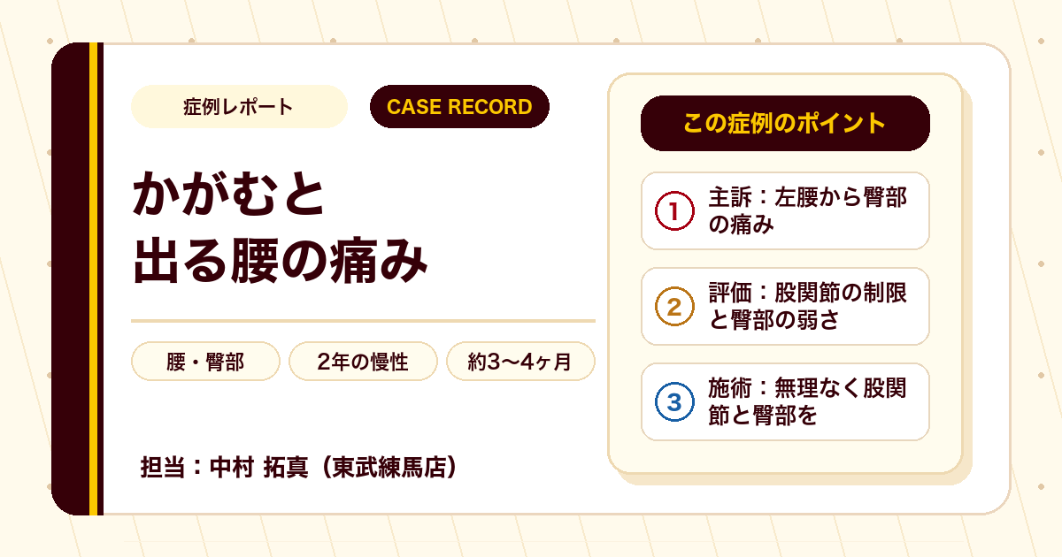 症例カルテ:高齢の腰とお尻の痛み、股関節と支える筋力に着目
