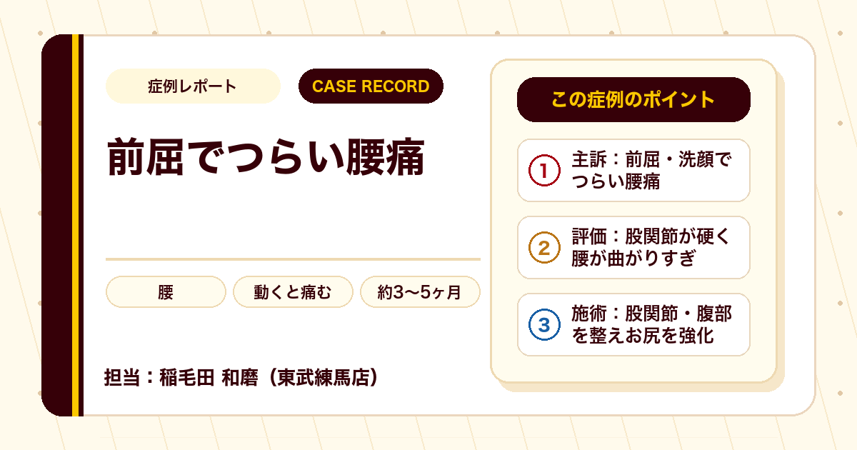 症例カルテ:前かがみで出る腰痛、股関節の屈曲に着目