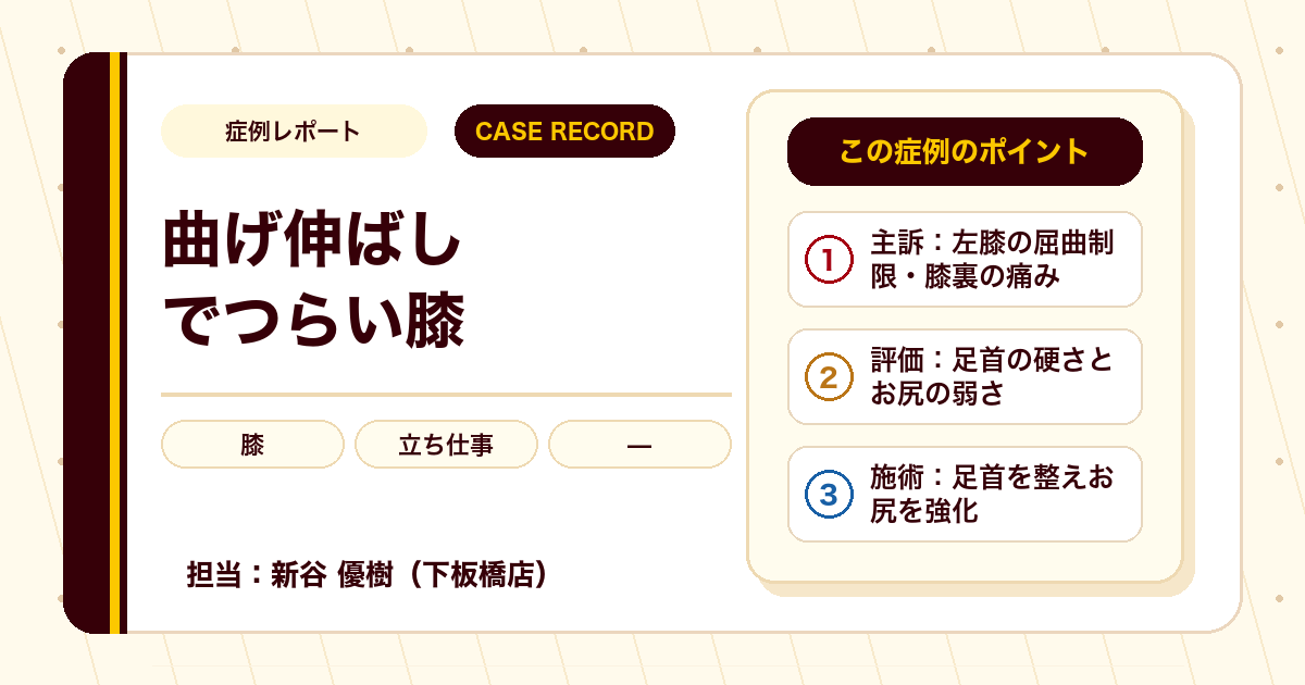 症例カルテ:膝の裏が痛くて曲げにくい、足首とお尻に着目