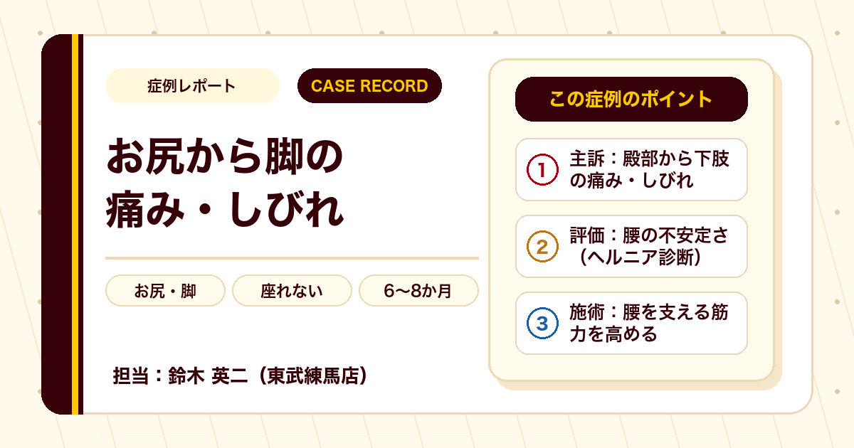 座る・眠るのもつらかった腰としびれがやわらいだ例