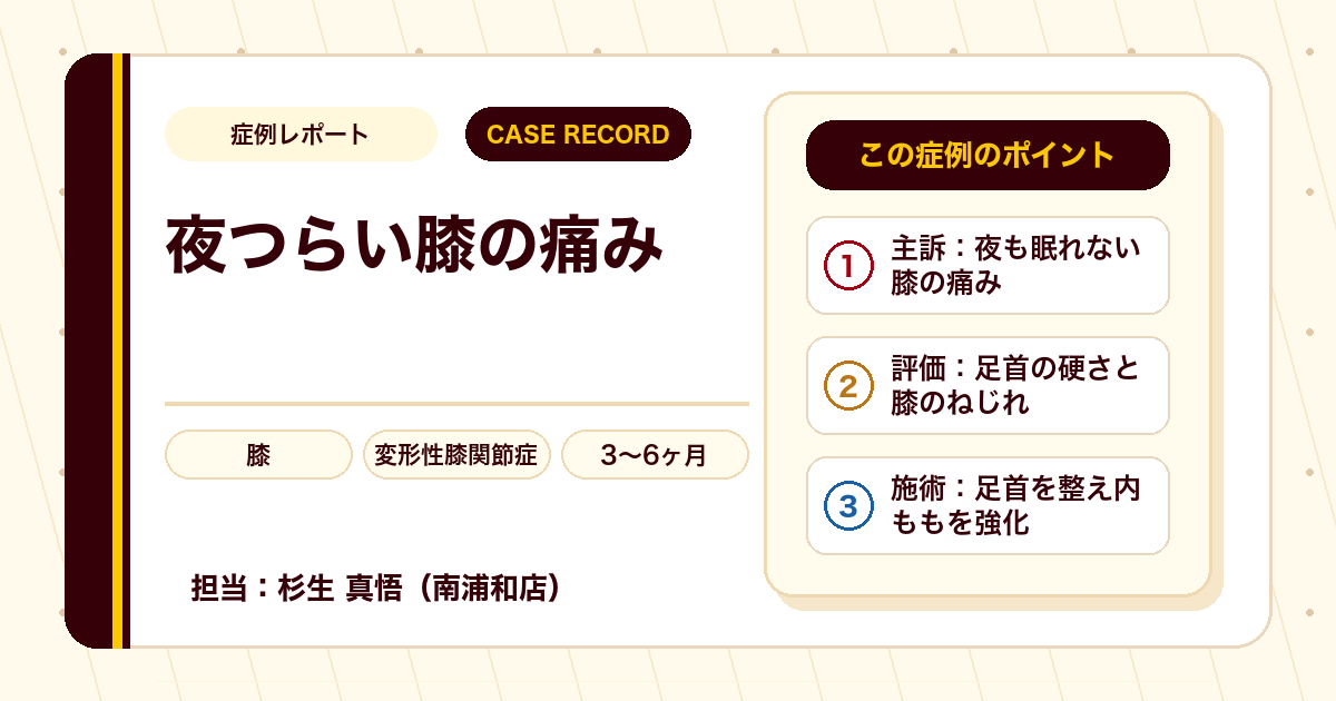 夜も眠れなかった膝の痛みが気にならなくなった例