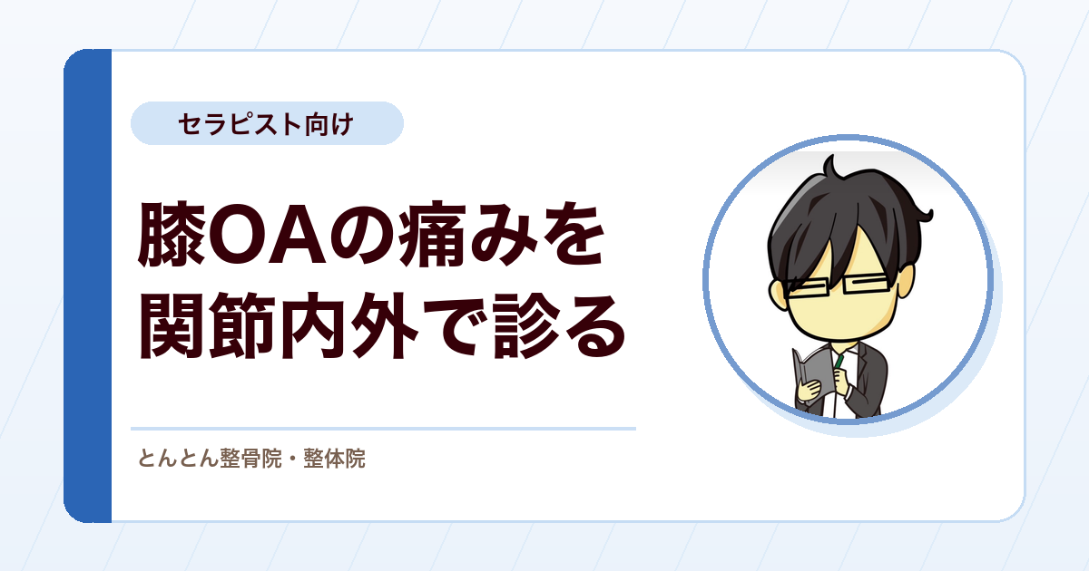 変形性膝関節症を評価する。痛みの原因組織の内訳と圧痛部位、保存と紹介の線引き