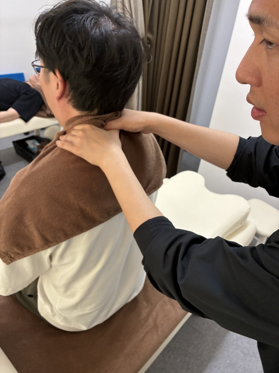 ANOアカデミー実技練習会で、スタッフが座位の相手の頚肩部を触診している手元の様子(2026年7月)