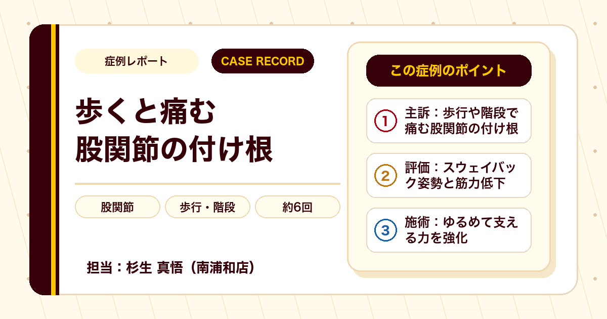 症例カルテ:歩行や階段で出る股関節の付け根の痛み、立ち姿勢の癖に着目